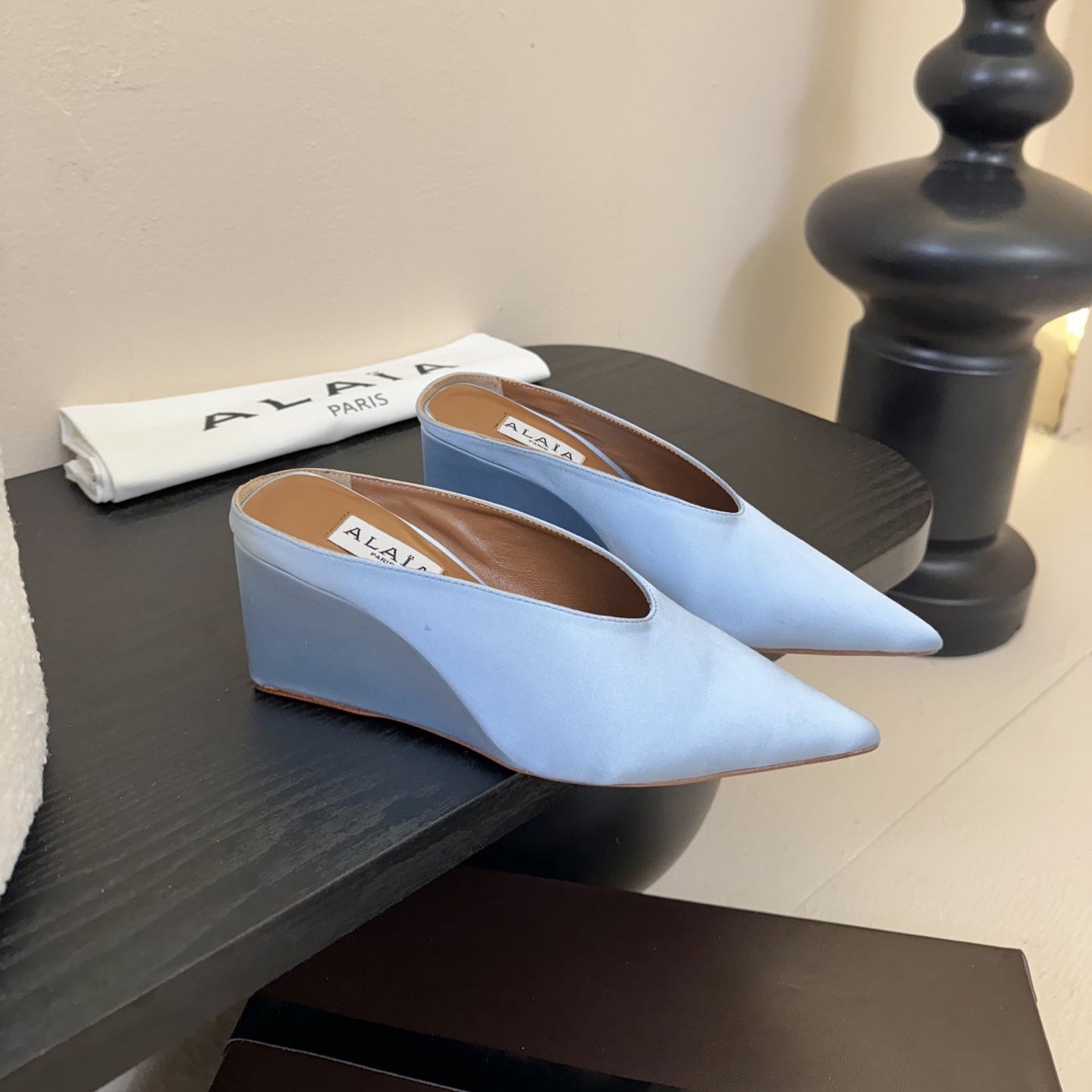 ALAIA HIGH MULES 25S IN LIGHT BLUE SATIN - 35