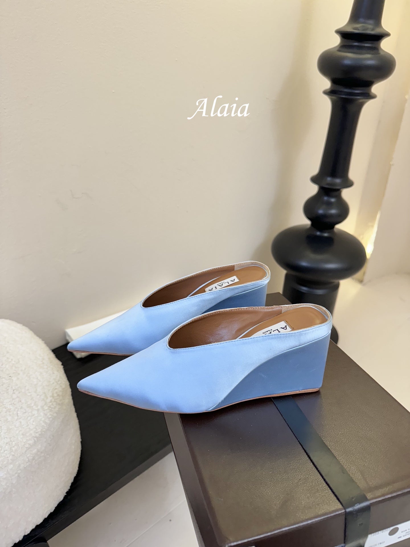 ALAIA HIGH MULES 25S IN LIGHT BLUE SATIN - 35