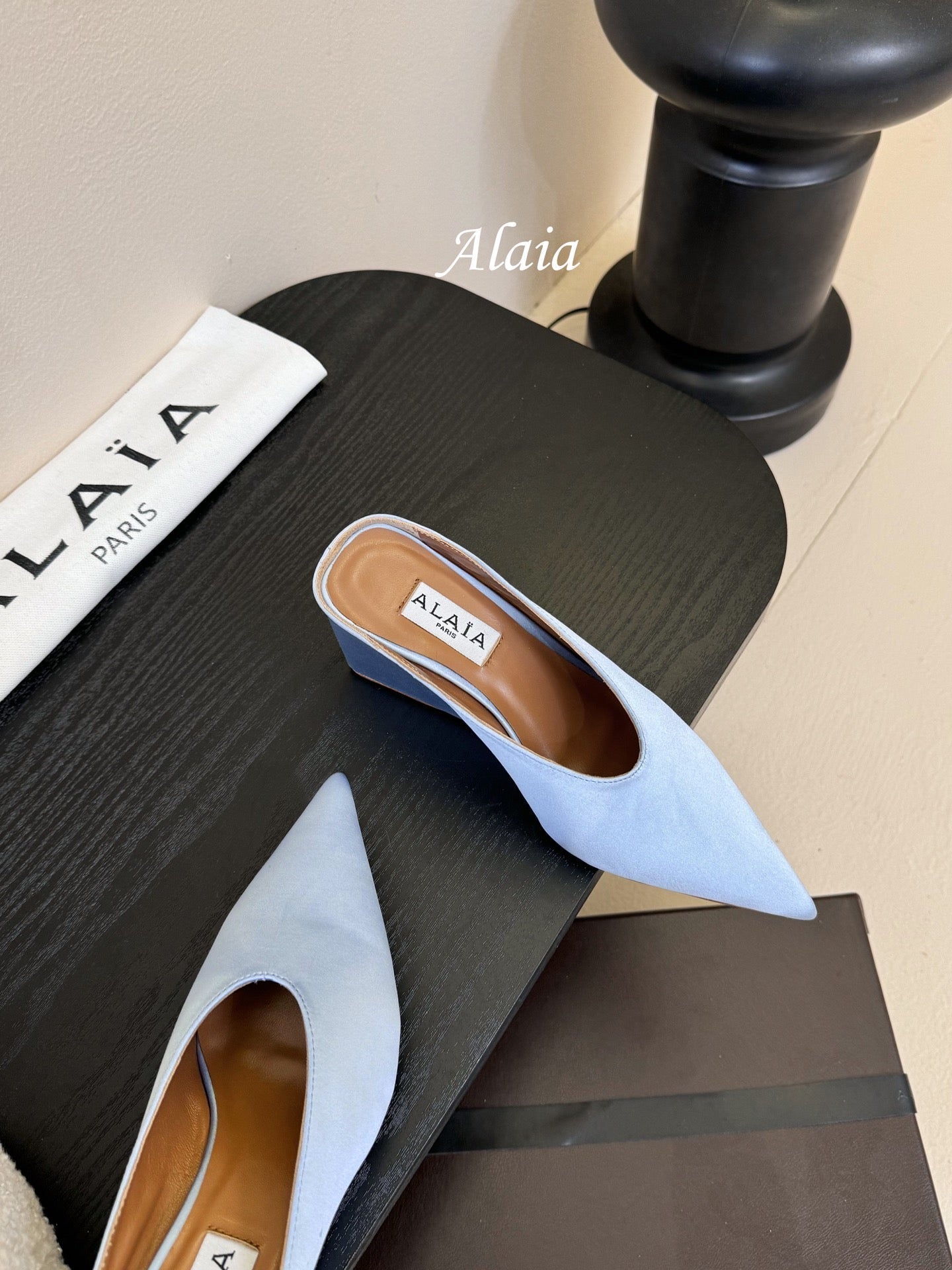 ALAIA HIGH MULES 25S IN LIGHT BLUE SATIN - 35