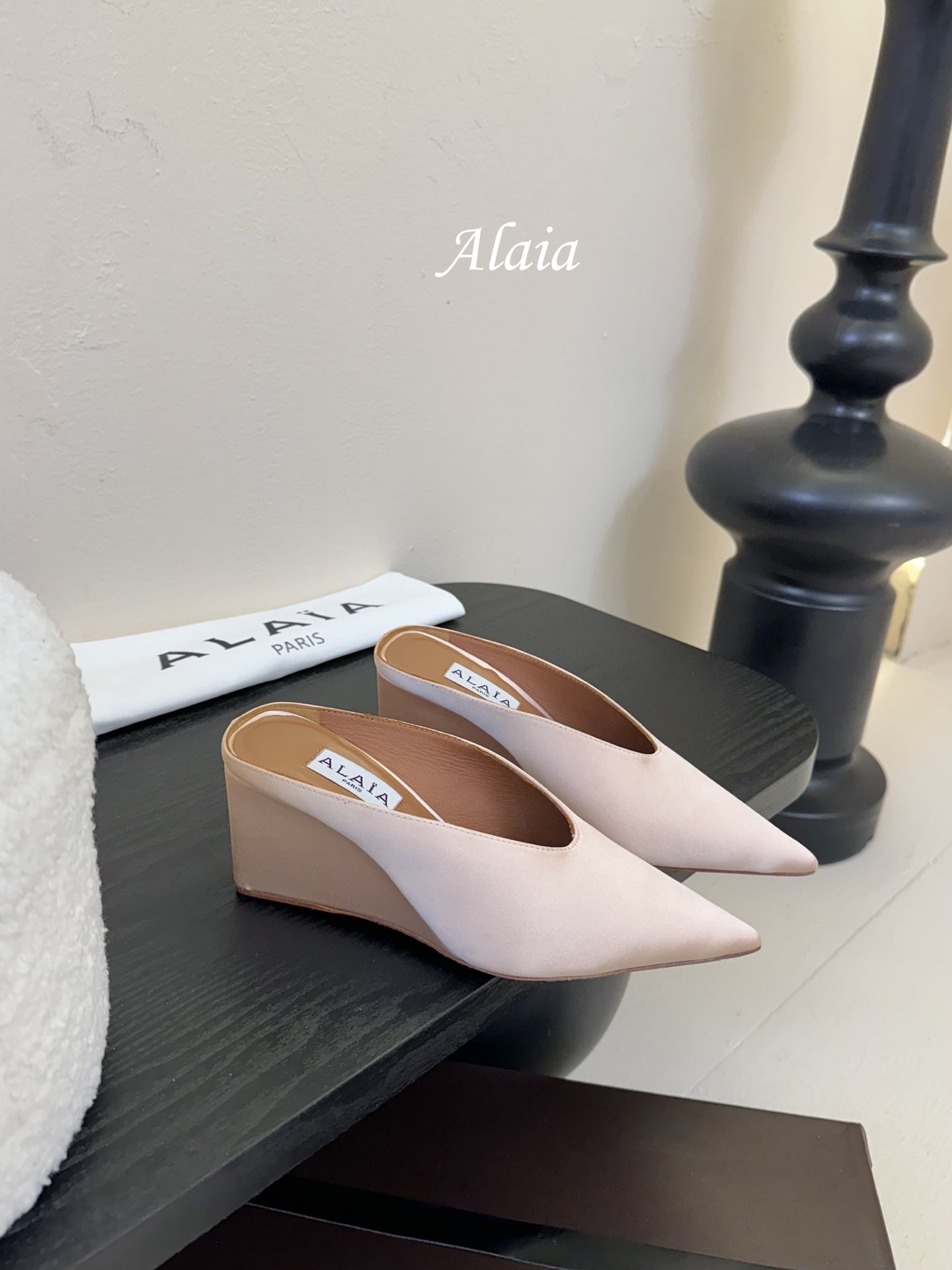 ALAIA HIGH MULES 25S IN BLUSH BEIGE SATIN - 35
