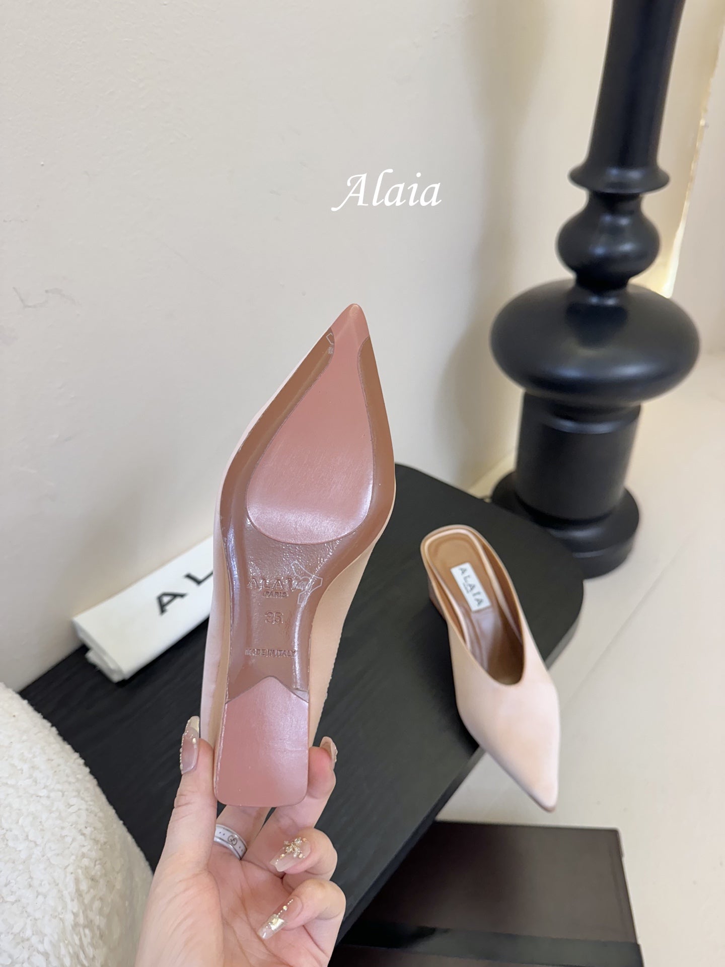 ALAIA HIGH MULES 25S IN BLUSH BEIGE SATIN - 35