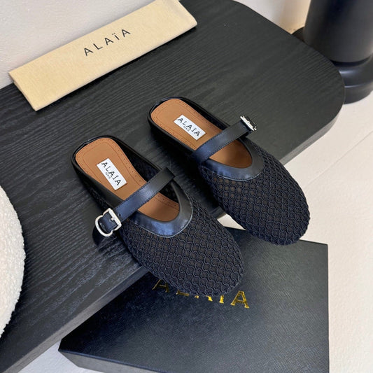 ALAIA FLAT MULES 25S IN BLACK WOVEN MESH - 35