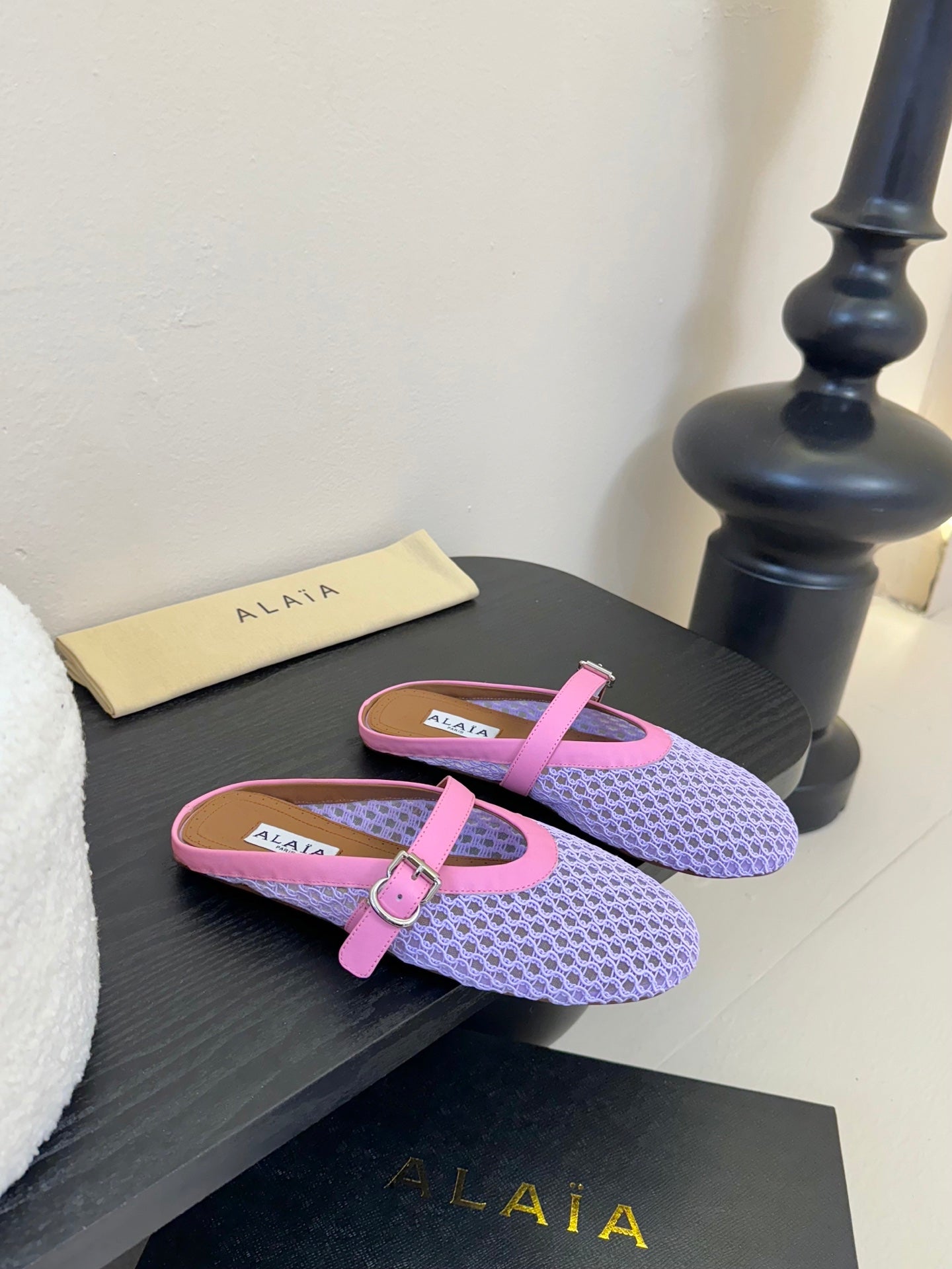 ALAIA FLAT MULES 25S IN PURPLE MIX PINK WOVEN MESH - 35