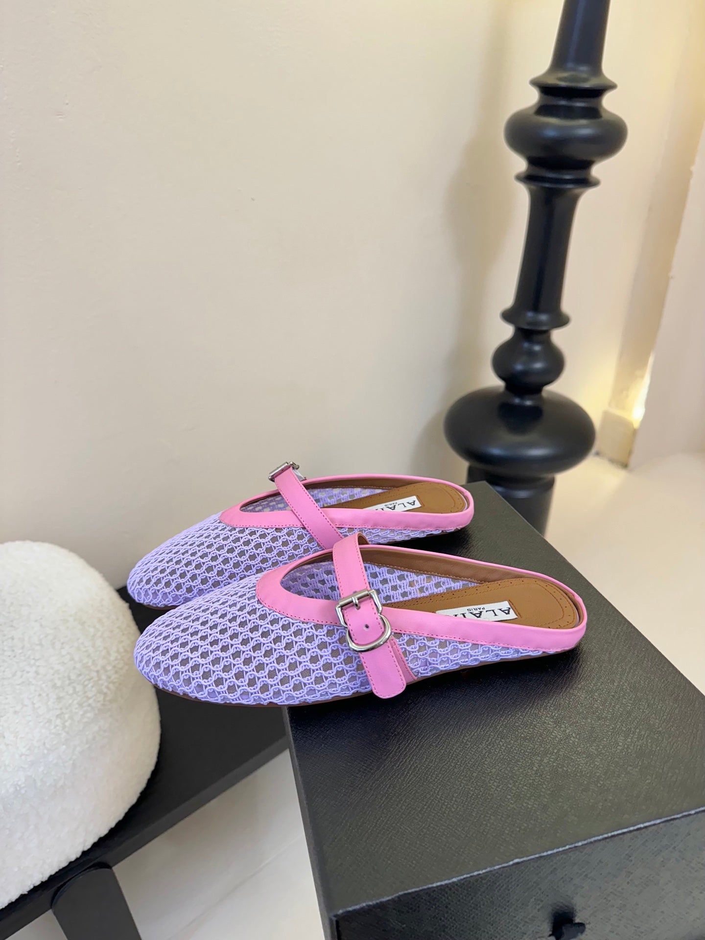 ALAIA FLAT MULES 25S IN PURPLE MIX PINK WOVEN MESH - 35