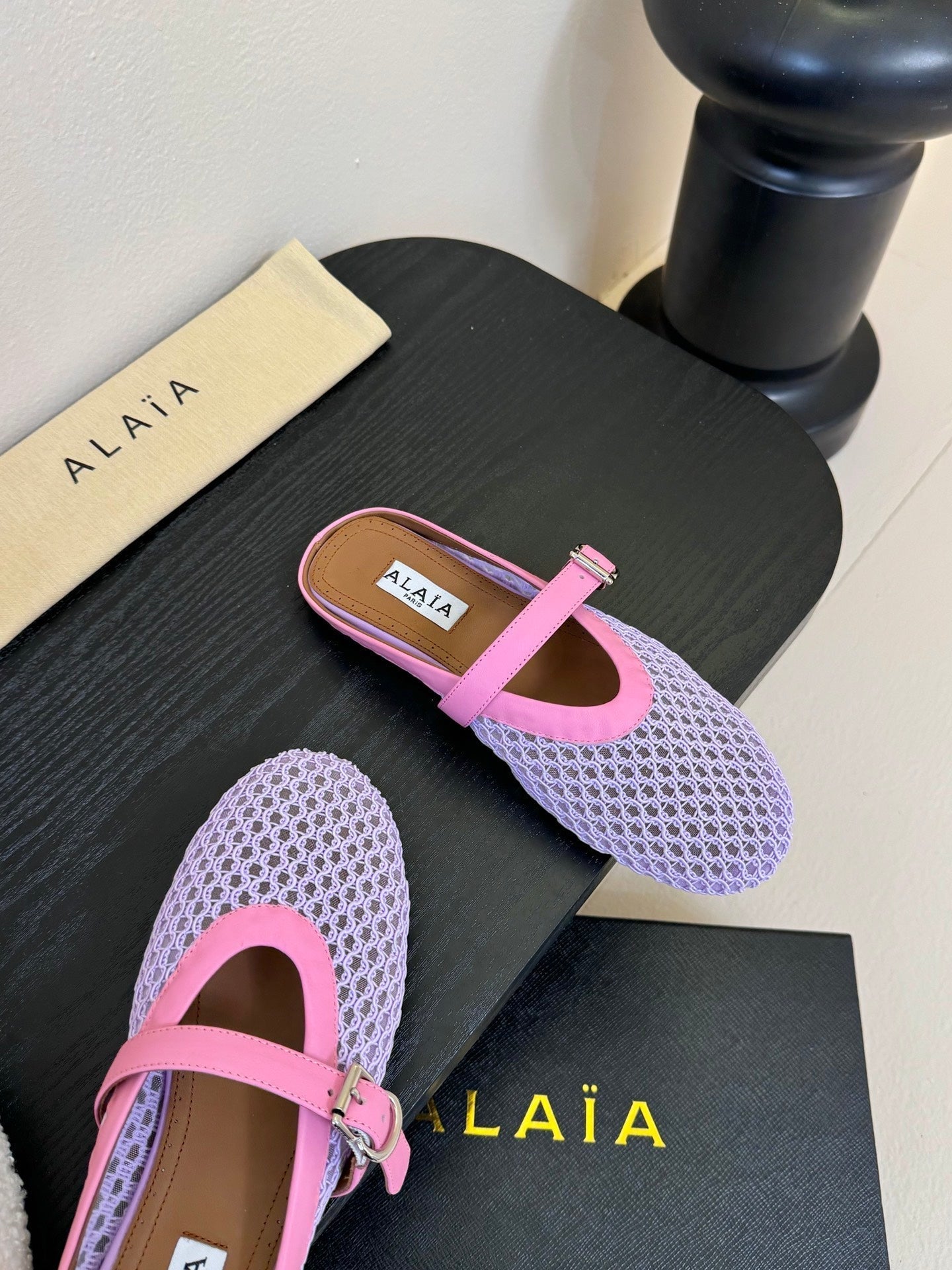 ALAIA FLAT MULES 25S IN PURPLE MIX PINK WOVEN MESH - 35