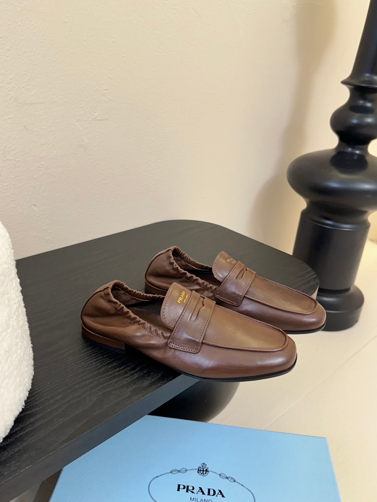 PRADA 25S SHUFFLE LOAFERS IN EARTH BROWN CALFSKIN - 35
