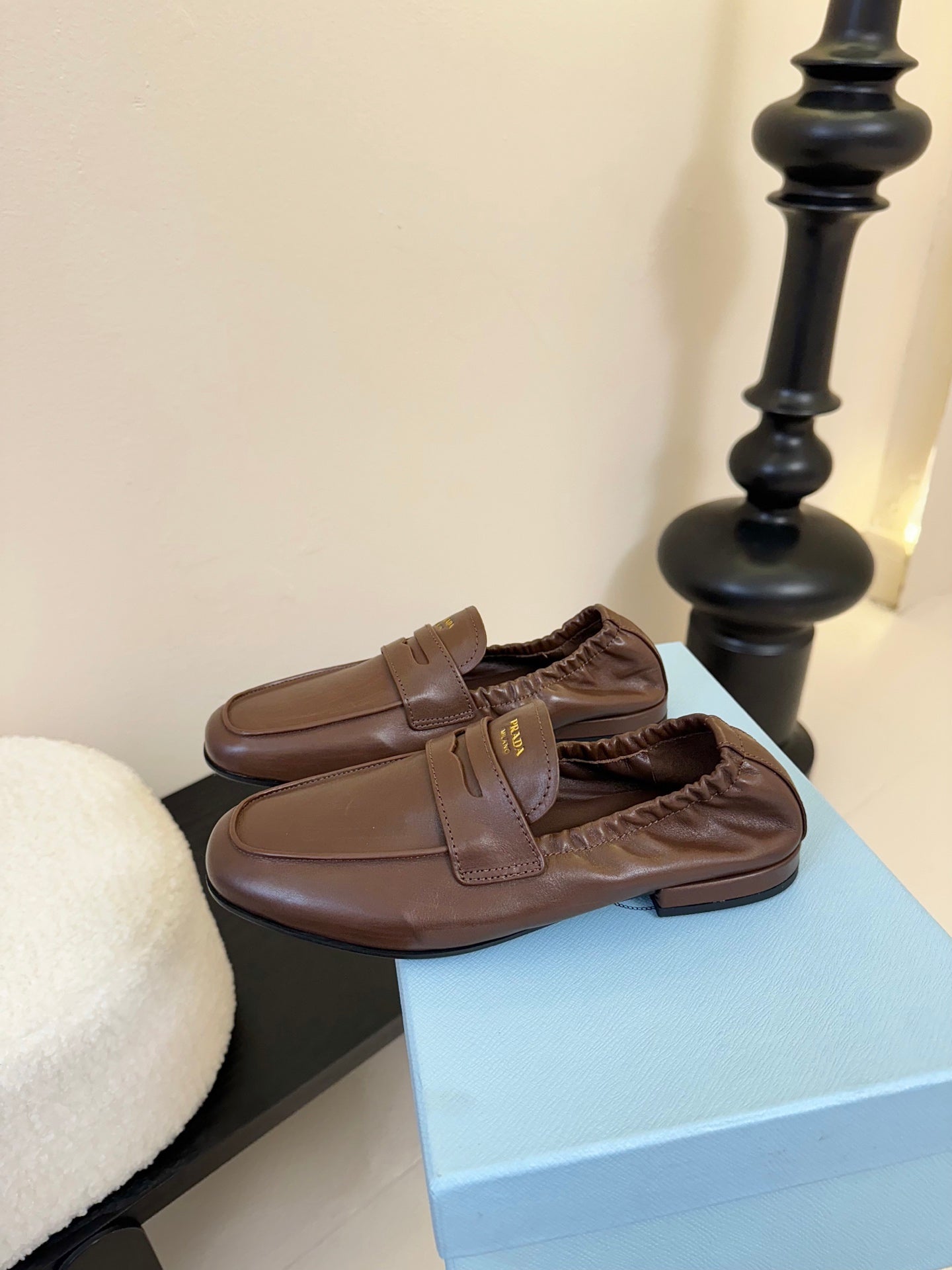 PRADA 25S SHUFFLE LOAFERS IN EARTH BROWN CALFSKIN - 35