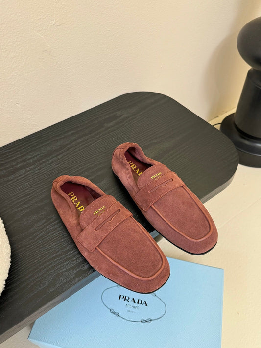 PRADA 25S SHUFFLE LOAFERS IN DARK BROWN SUEDE - 35