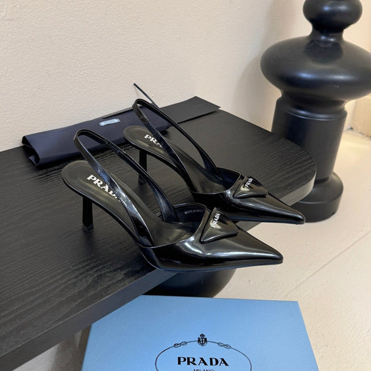 Гостроносі туфлі PRADA 26S на підборах-слінгбеках 60 мм з чорної телячої шкіри з логотипом