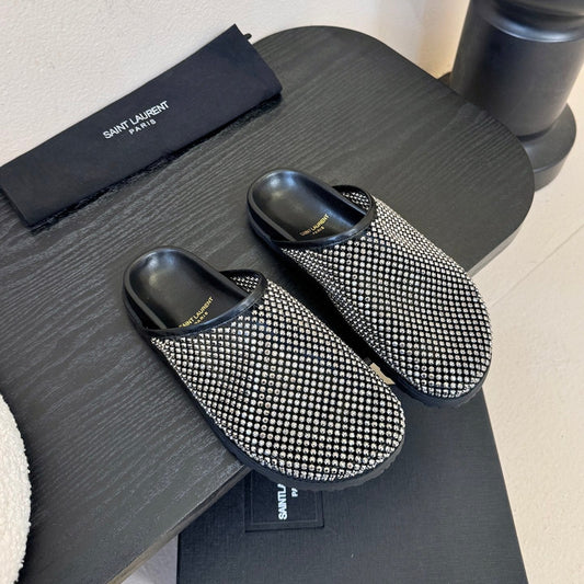 YSL 26S МЮЛІ ІЗ СІТКИ З ЧОРНОЇ ТЕЛЯЧОЇ ШКІРИ ТА СТРАЗІВ