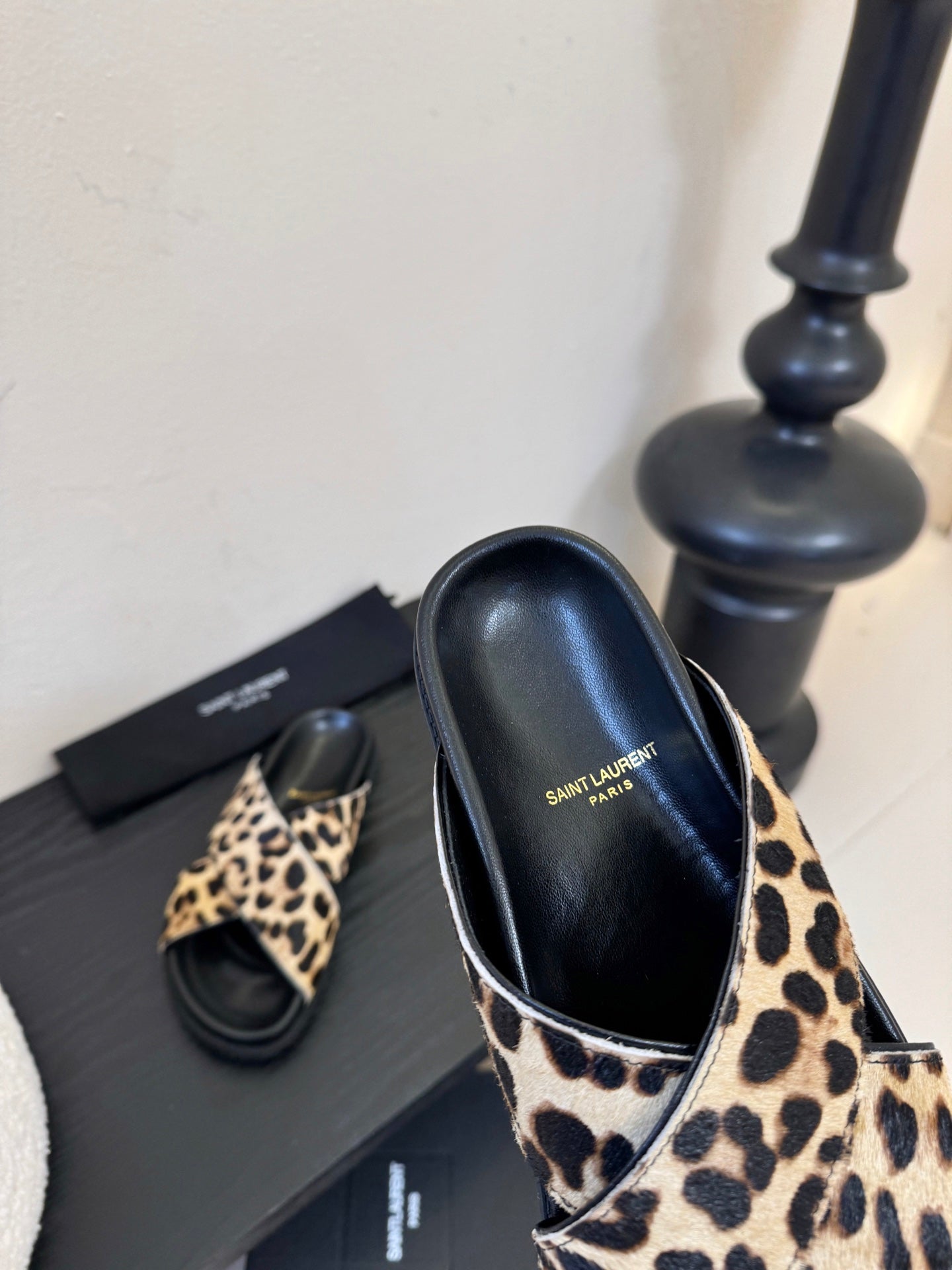 YSL 26S CROSS-STRAP SANDALS IN LEOPARD PRINT CALFSKIN HAIR
