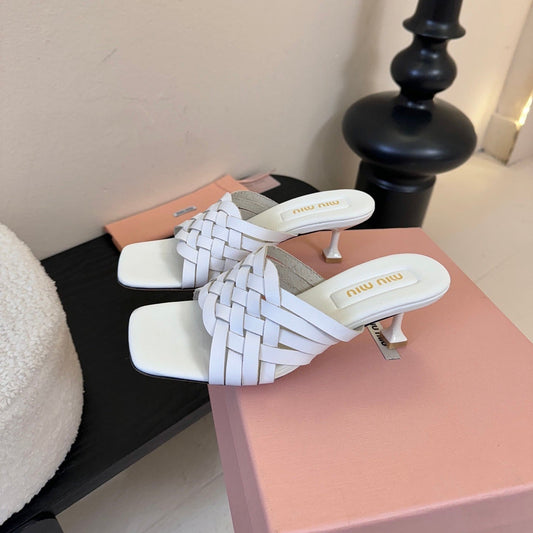 MIUMIU 26S IVETTE БОСОНІЖКИ НА ПІДБОРАХ З ПЛЕТІННЯМ 40 ММ З БІЛОЇ ТЕЛЯЧОЇ ШКІРИ