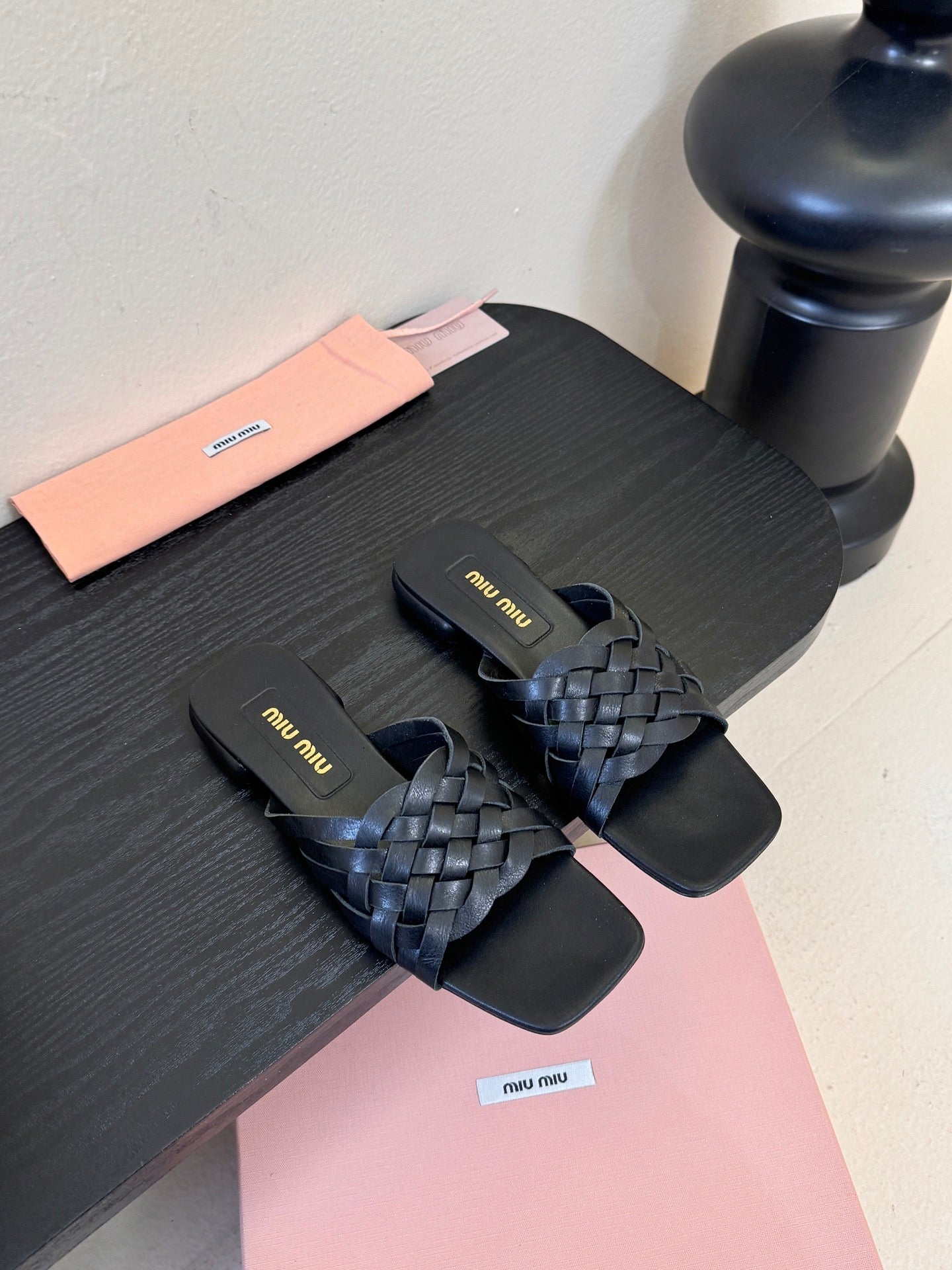MIUMIU 26S IVETTE WOVEN SLIDE SANDALS IN BLACK CALFSKIN