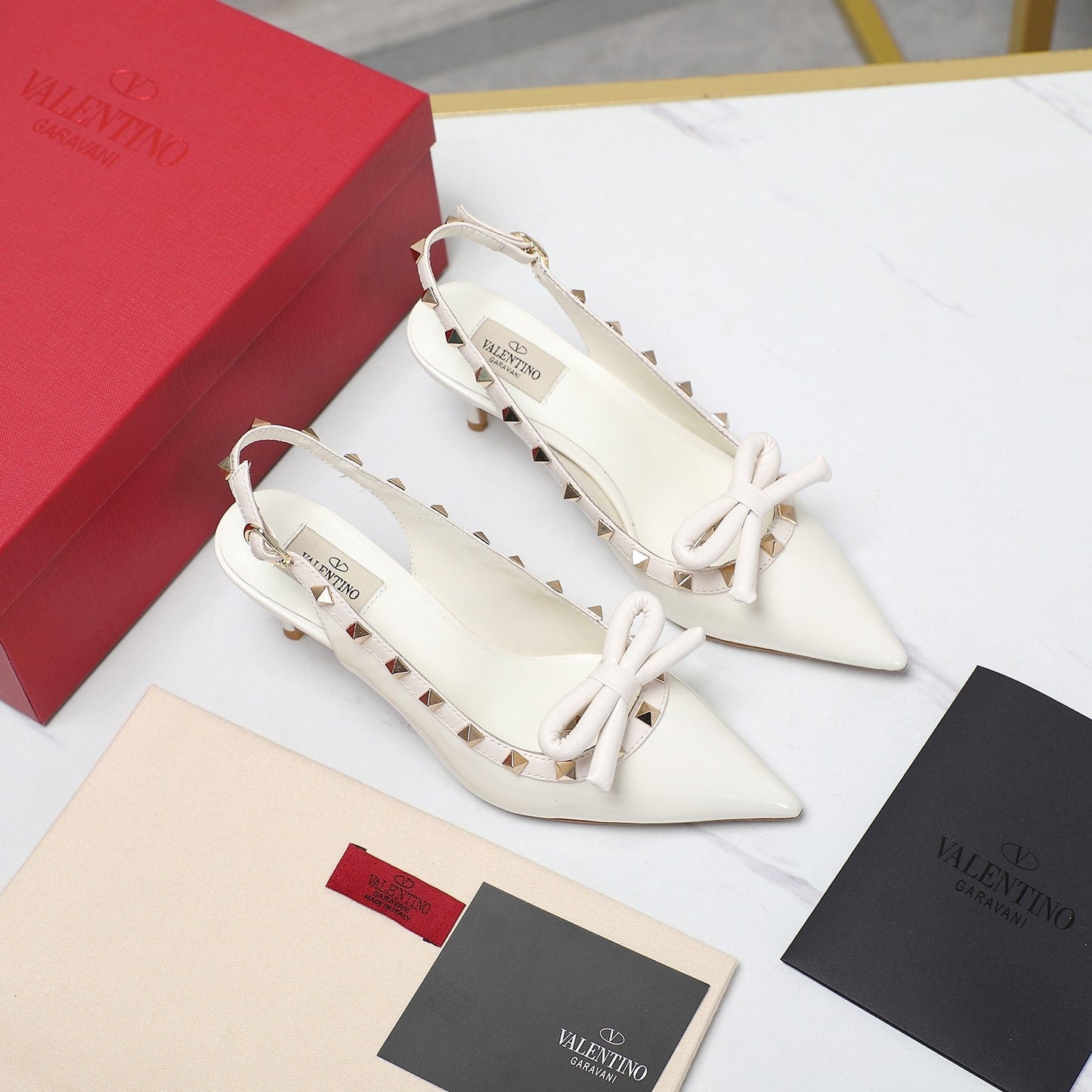 ROCKSTUD BOW SLINGBACK WHITE PATENT LEATHER PUMP 60MM - 35