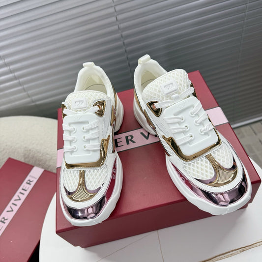 VIV' ON THE RUN SNEAKERS IN GOLD PINK PATENT CALFSKIN AND WHITE FABRIC - 35