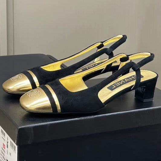 SLINGBACKS IN BLACK SUEDE AND GOLDEN LAMBSKIN - 35