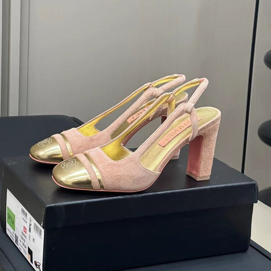 HIGH SLINGBACKS IN LIGHT PINK SUEDE AND GOLDEN LAMBSKIN - 35