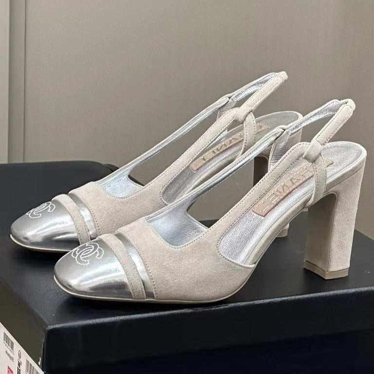 HIGH SLINGBACKS IN GREY SUEDE AND SILVER LAMBSKIN - 35