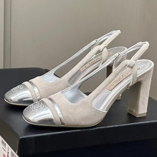 HIGH SLINGBACKS IN GREY SUEDE AND SILVER LAMBSKIN - 35