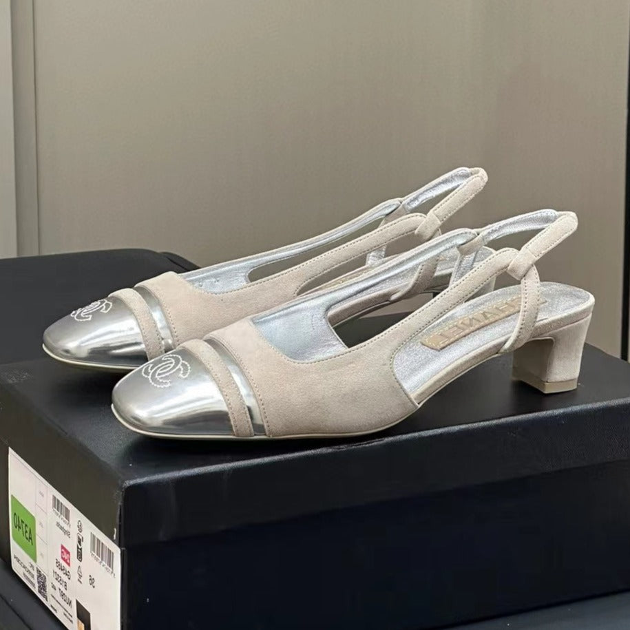 SLINGBACKS IN GREY SUEDE AND SILVER LAMBSKIN - 35