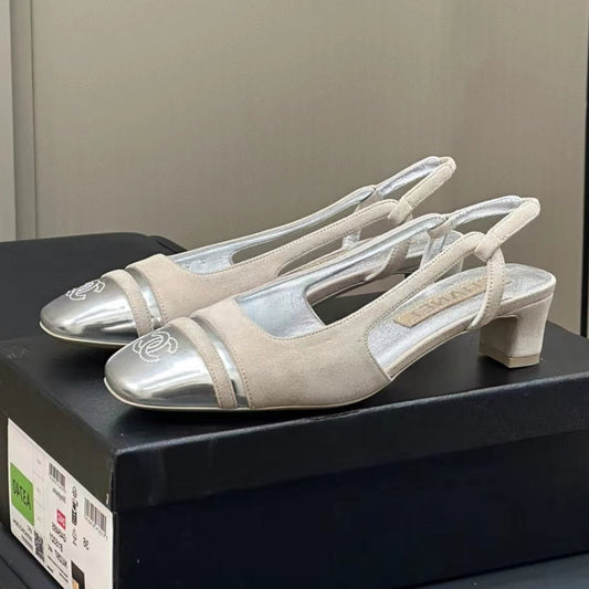 SLINGBACKS IN GREY SUEDE AND SILVER LAMBSKIN - 35
