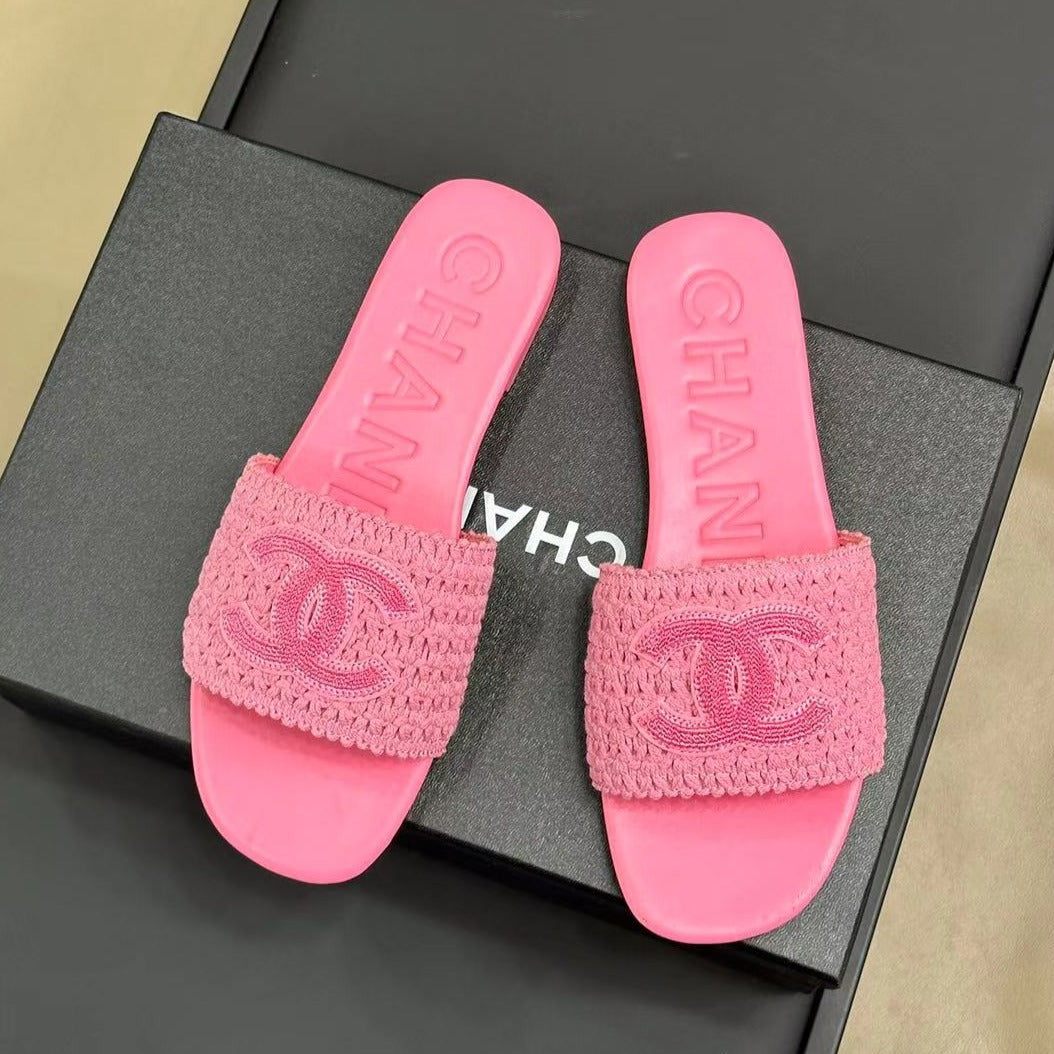 CC WOVEN SLIPPERS LIGHT PINK COWHIDE SOLE - 35