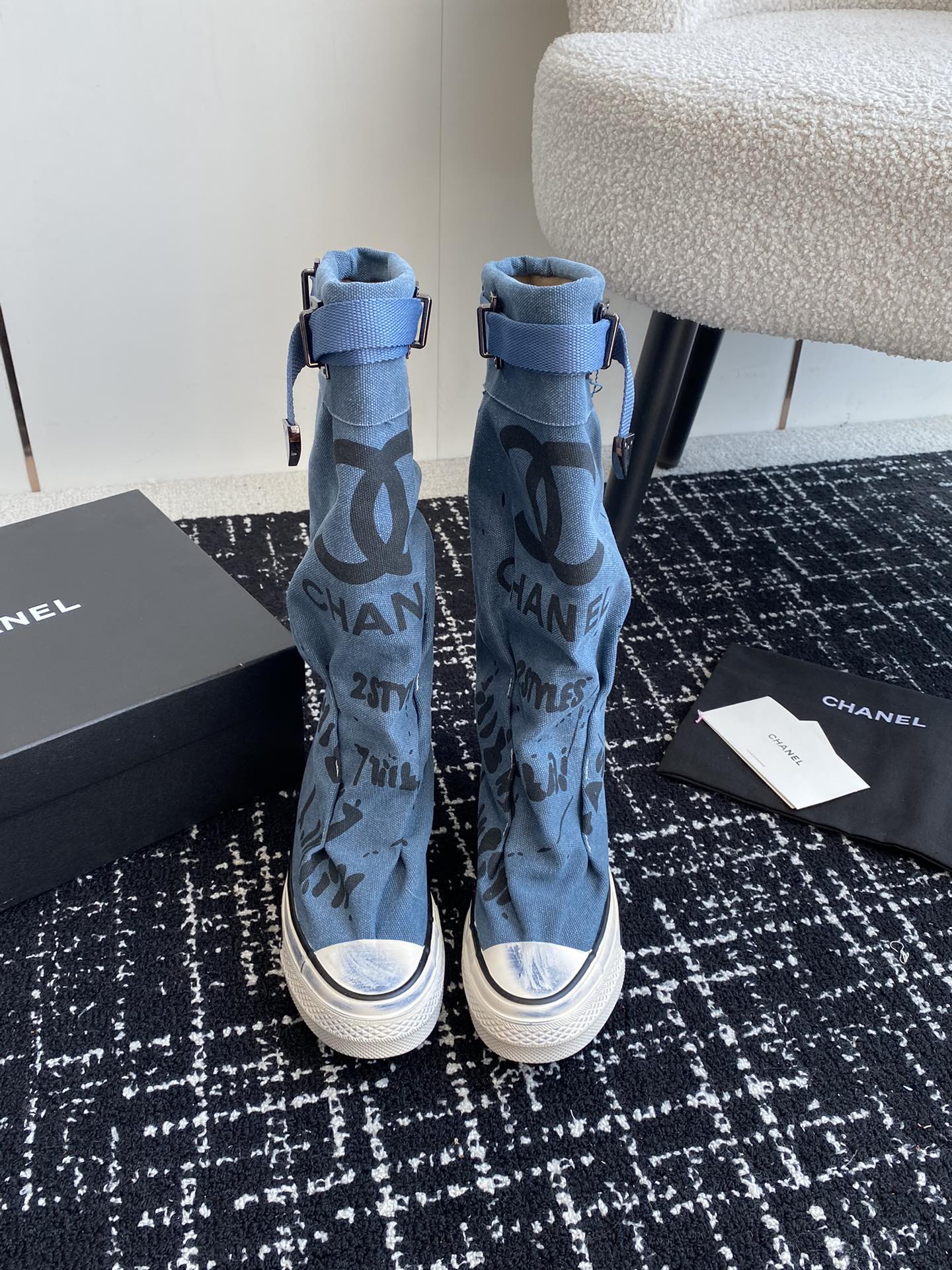 HIGH BOOTS IN OCEAN BLUE CANVAS - 35