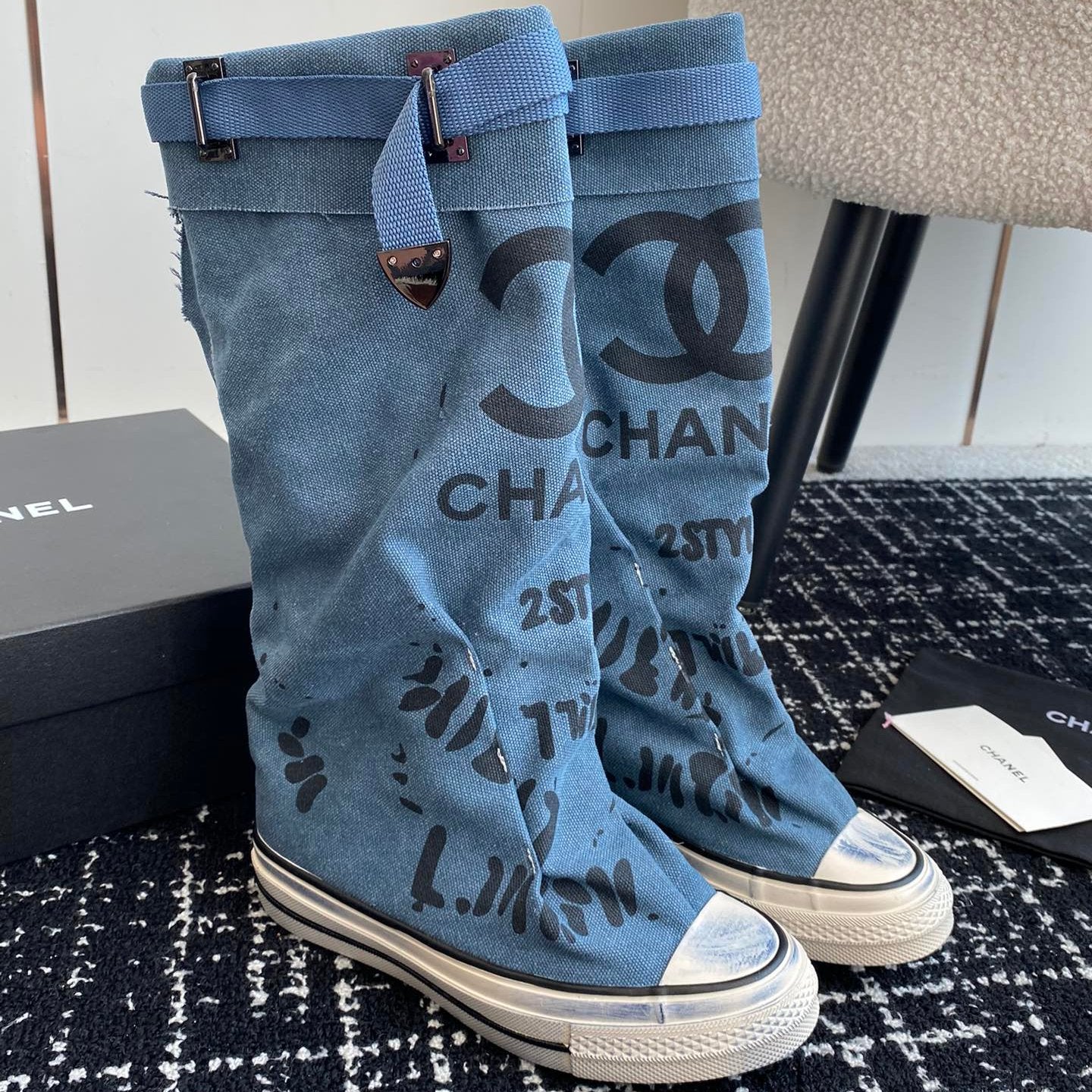 HIGH BOOTS IN OCEAN BLUE CANVAS - 35
