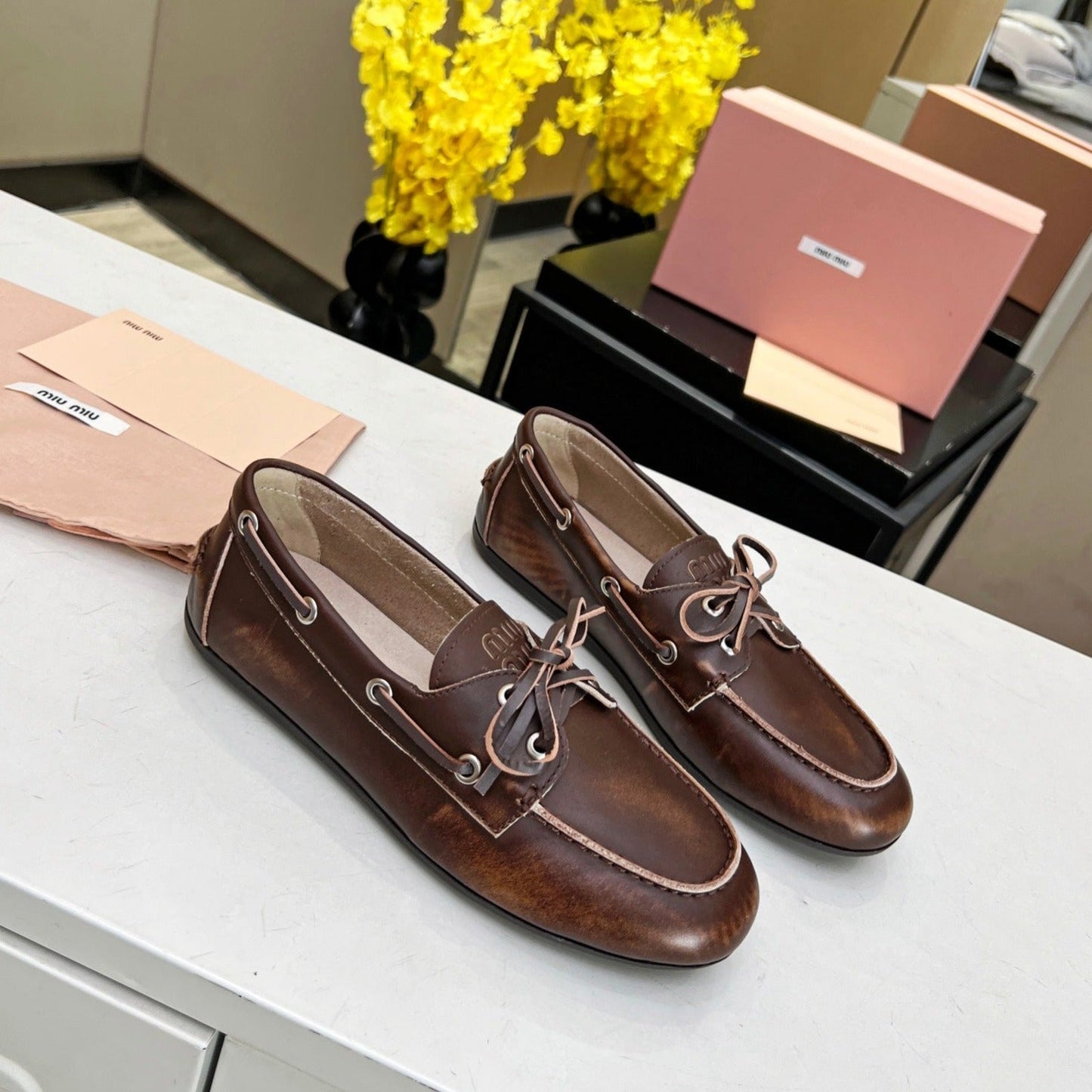 Lace-up Retro Loafers Walnut Color Cowhide - 35