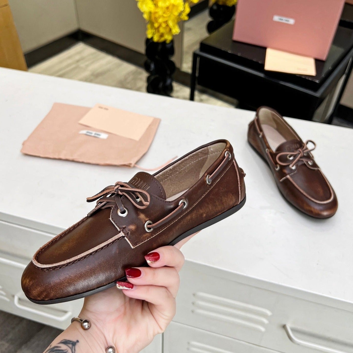 Lace-up Retro Loafers Walnut Color Cowhide - 35