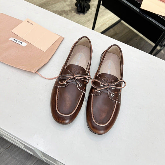 Lace-up Retro Loafers Walnut Color Cowhide - 35