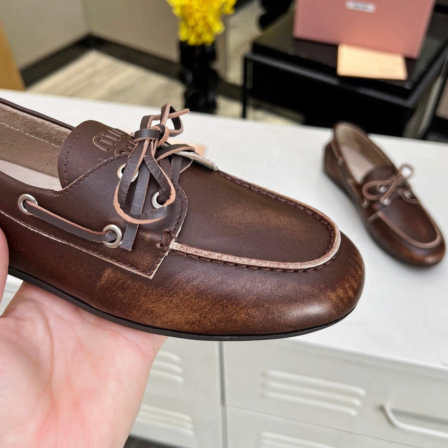 Lace-up Retro Loafers Walnut Color Cowhide - 35