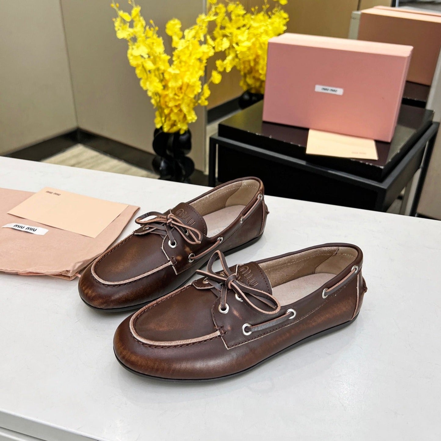 Lace-up Retro Loafers Walnut Color Cowhide - 35