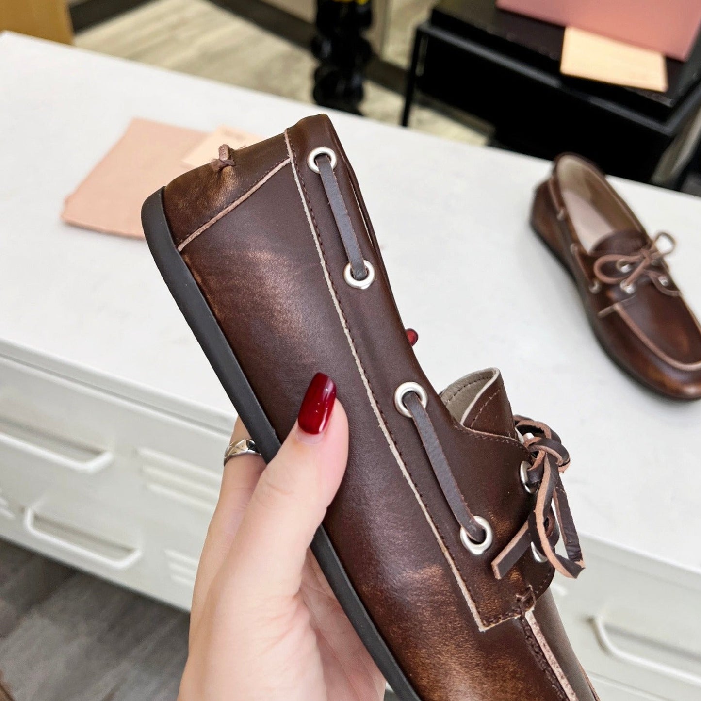 Lace-up Retro Loafers Walnut Color Cowhide - 35