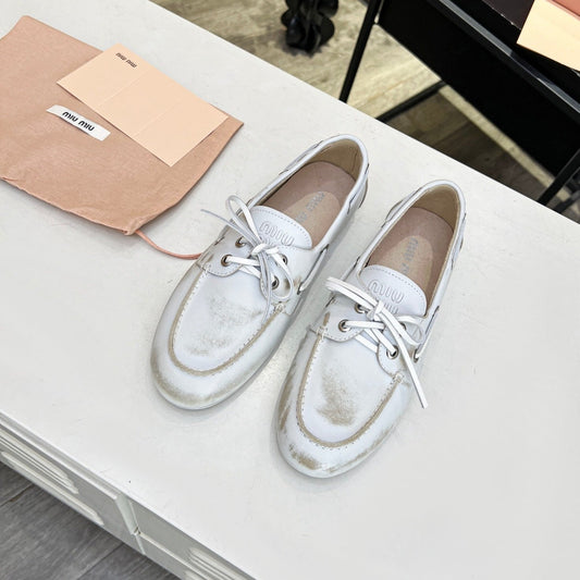 Lace-up Retro Loafers White Cowhide - 35