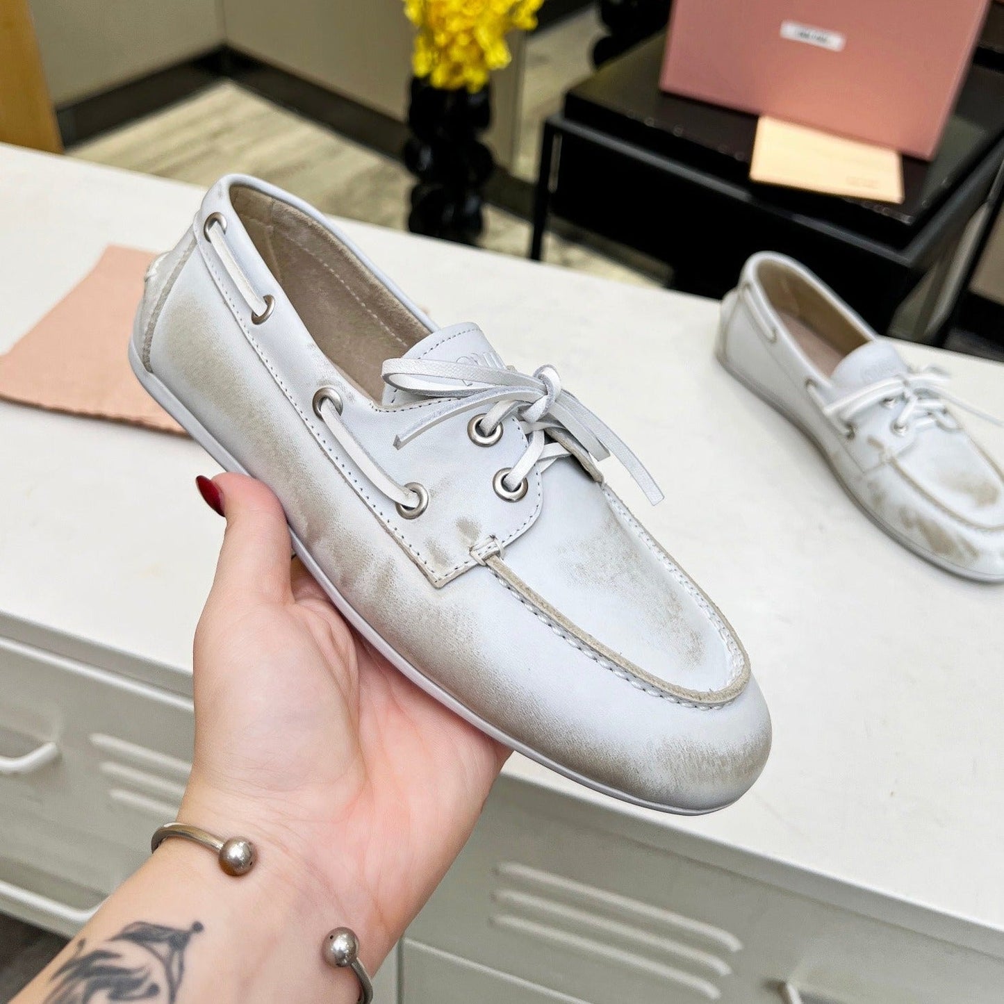 Lace-up Retro Loafers White Cowhide - 35