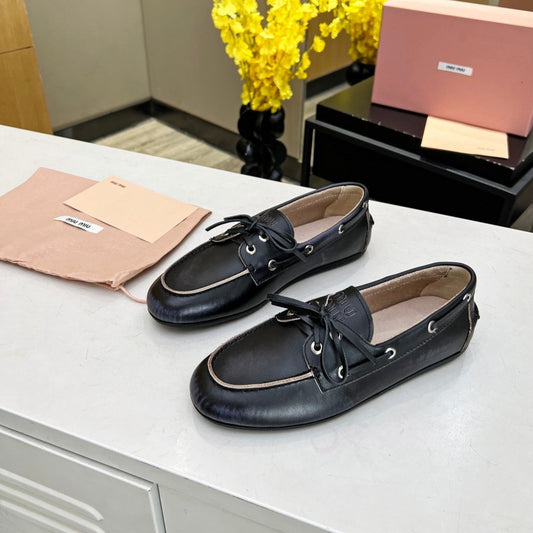 Lace-up Retro Loafers Black Cowhide - 35
