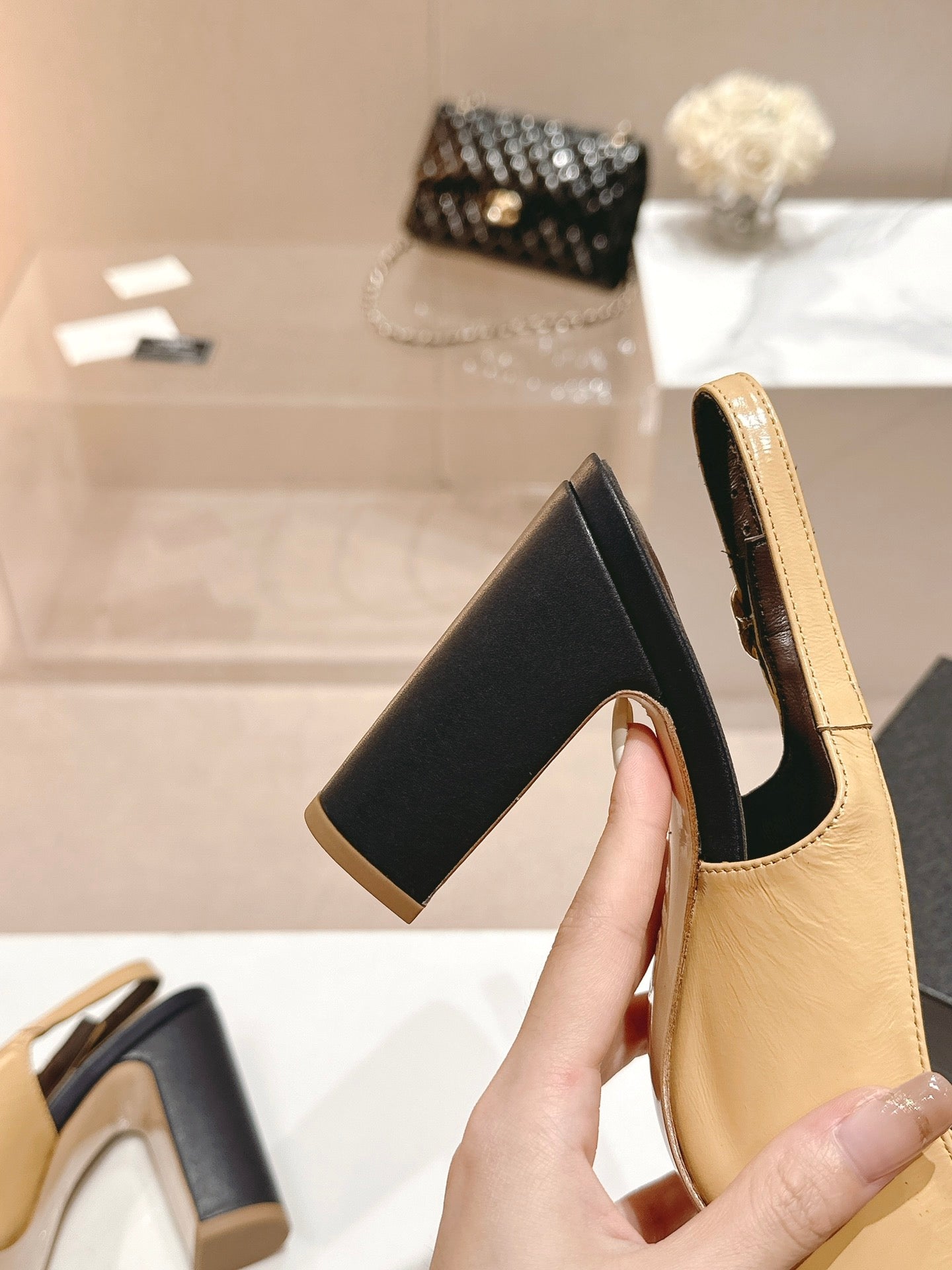 HIGH SLINGBACKS PEANUT BROWN MIX BLACK SHEEPSKIN - 35