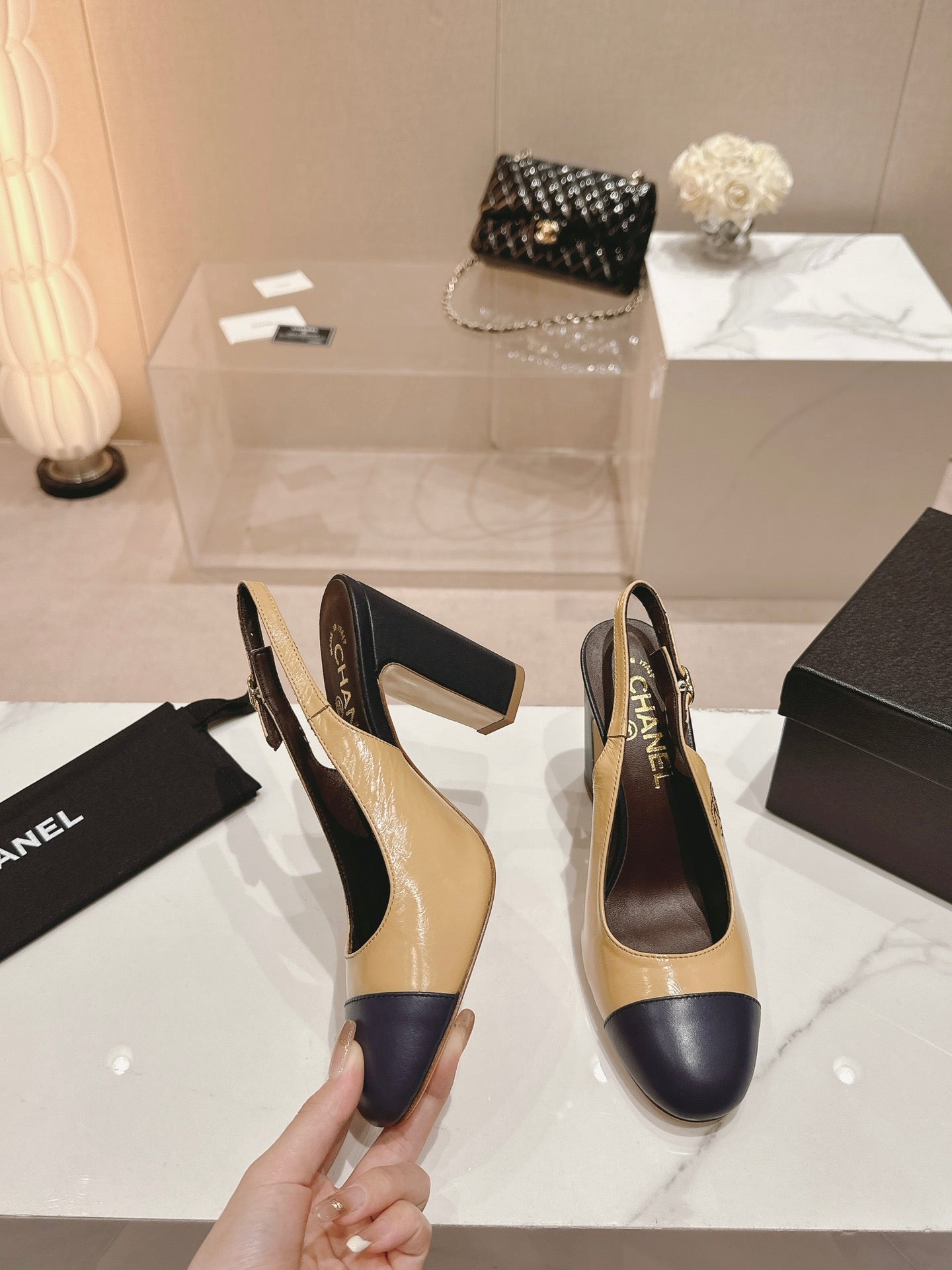 HIGH SLINGBACKS PEANUT BROWN MIX BLACK SHEEPSKIN - 35