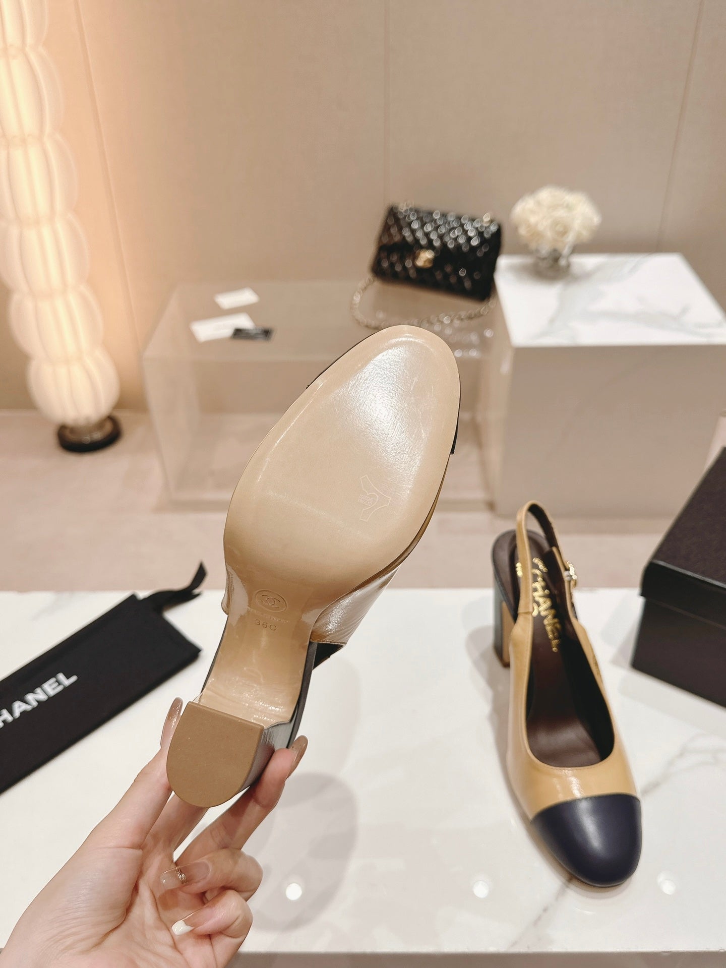 HIGH SLINGBACKS PEANUT BROWN MIX BLACK SHEEPSKIN - 35