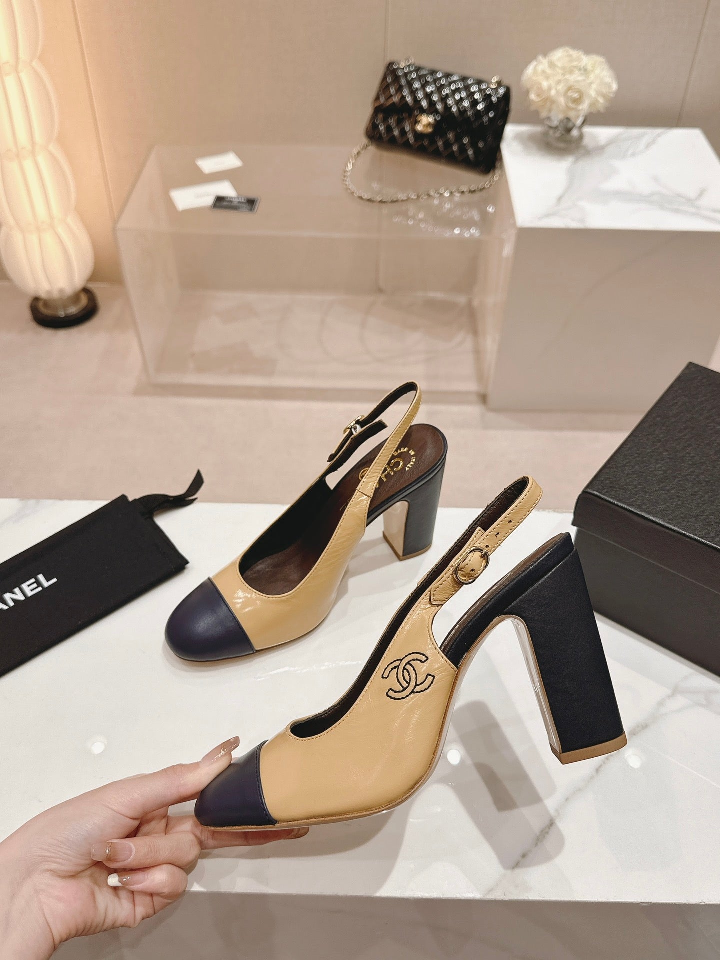 HIGH SLINGBACKS PEANUT BROWN MIX BLACK SHEEPSKIN - 35