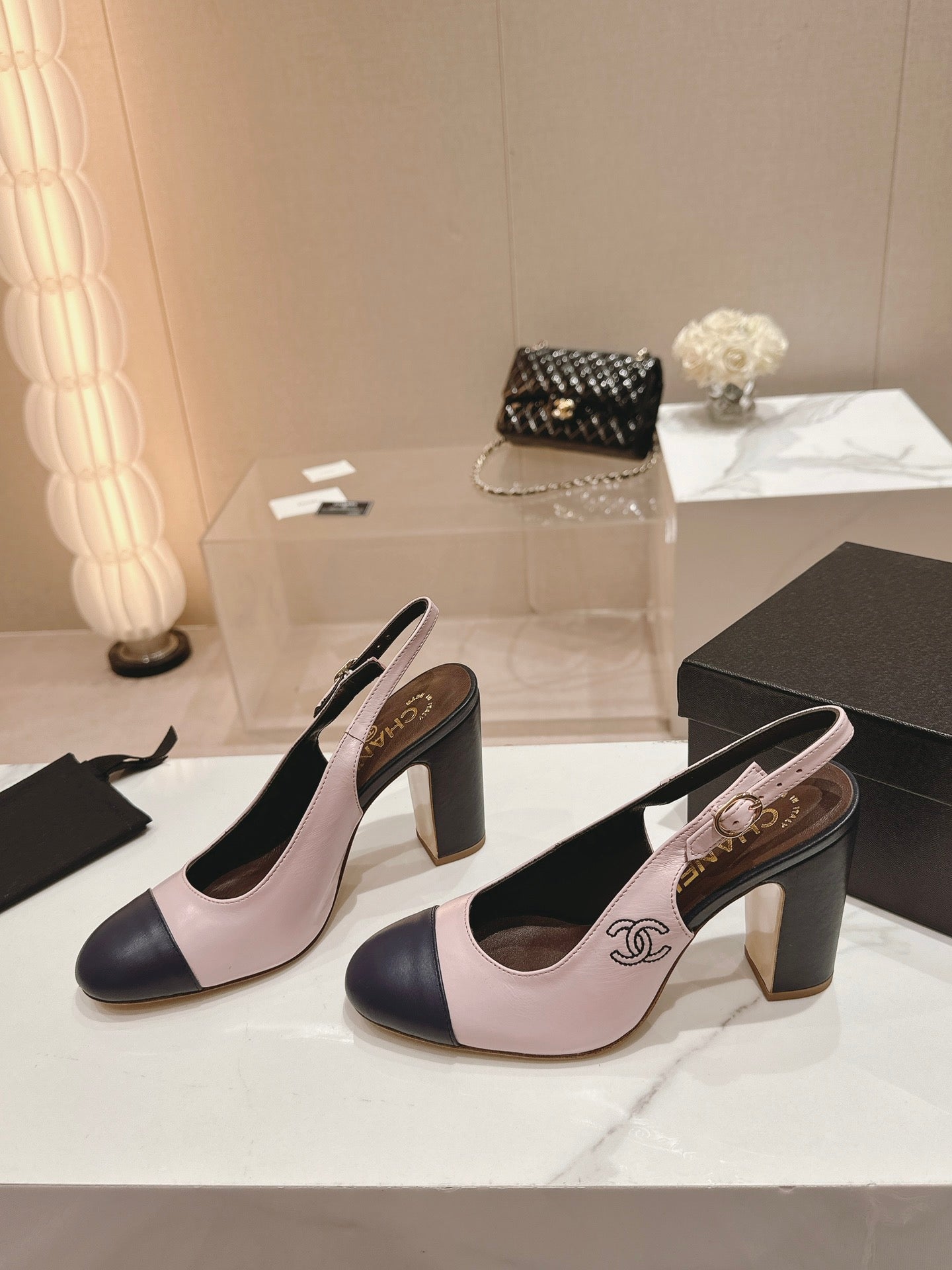 HIGH SLINGBACKS LIGHT PINK MIX BLACK SHEEPSKIN - 35