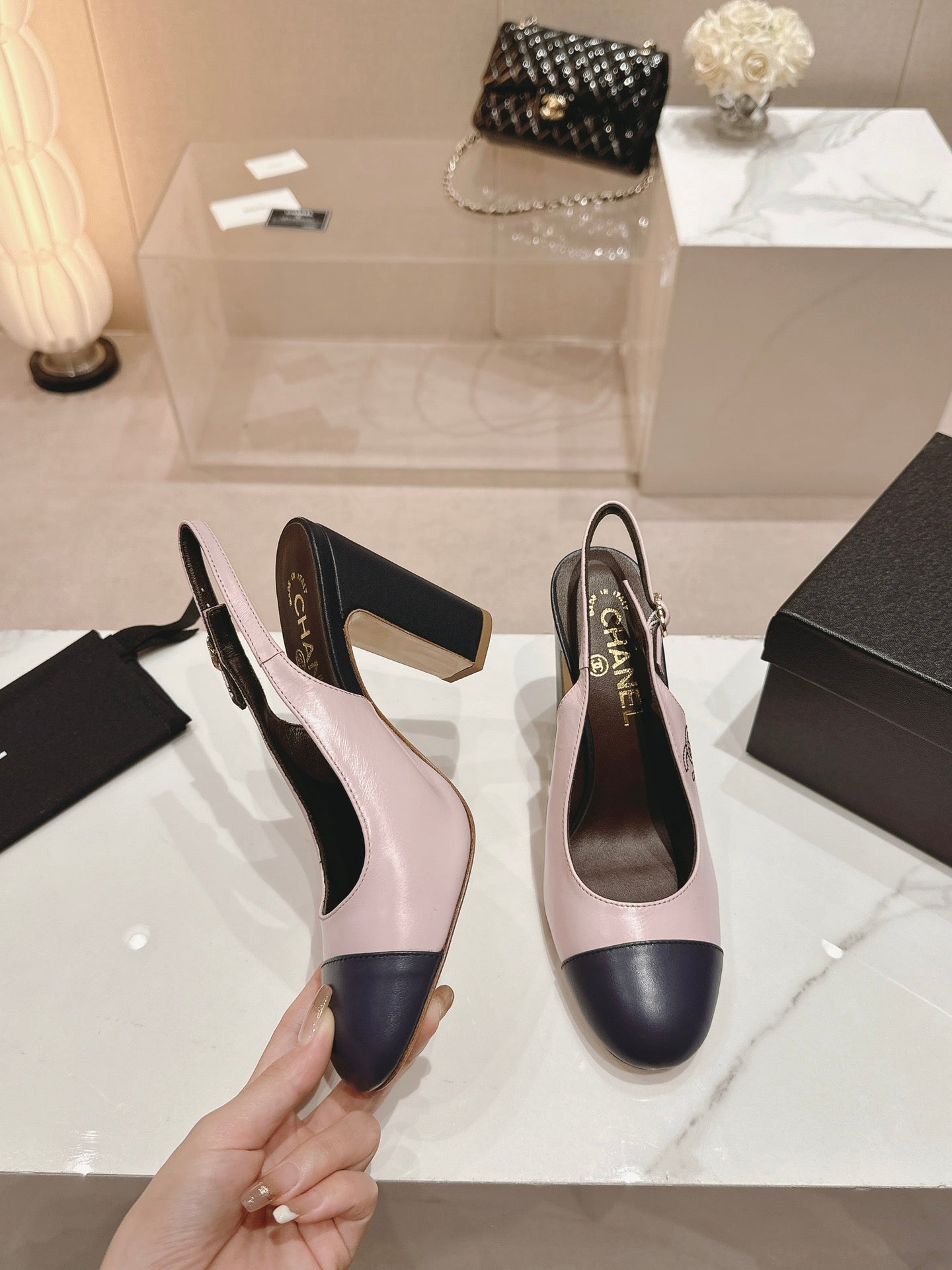 HIGH SLINGBACKS LIGHT PINK MIX BLACK SHEEPSKIN - 35