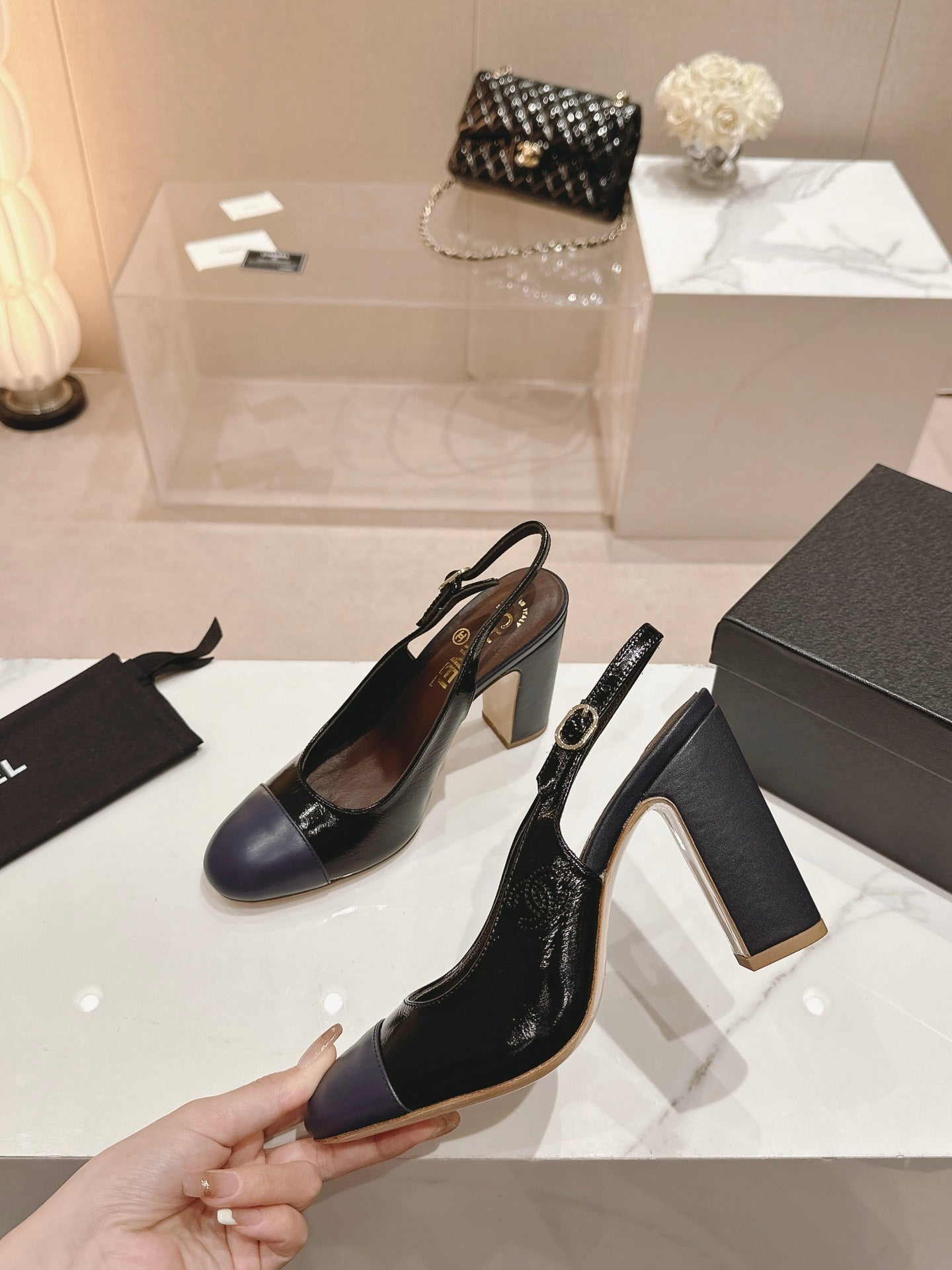 HIGH SLINGBACKS BLACK MIX VIOLET SHEEPSKIN - 35