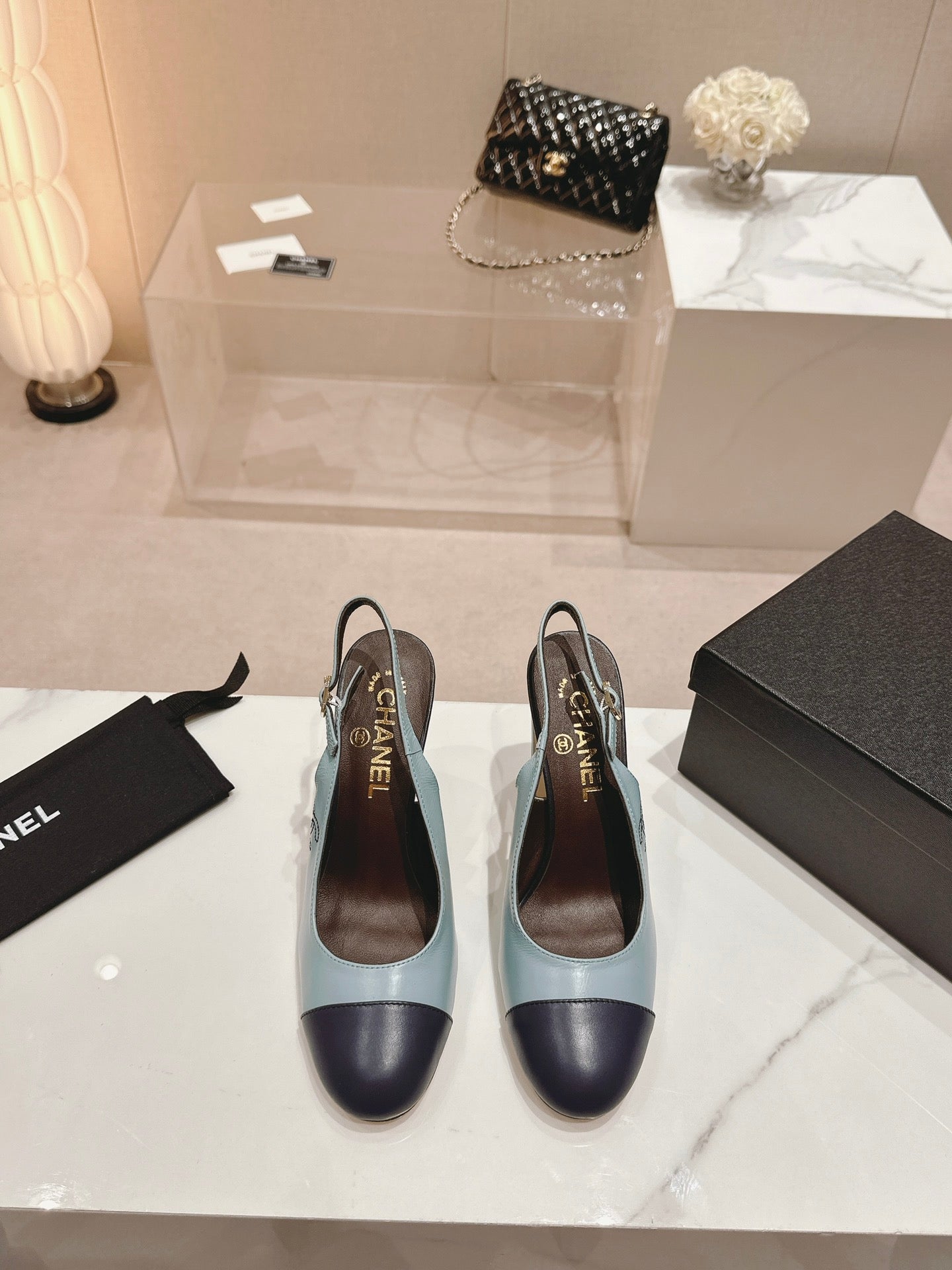 HIGH SLINGBACKS LIGHT BLUE MIX BLACK SHEEPSKIN - 35