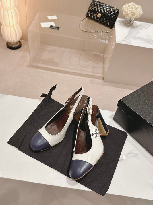 HIGH SLINGBACKS WHITE MIX BLACK SHEEPSKIN - 35