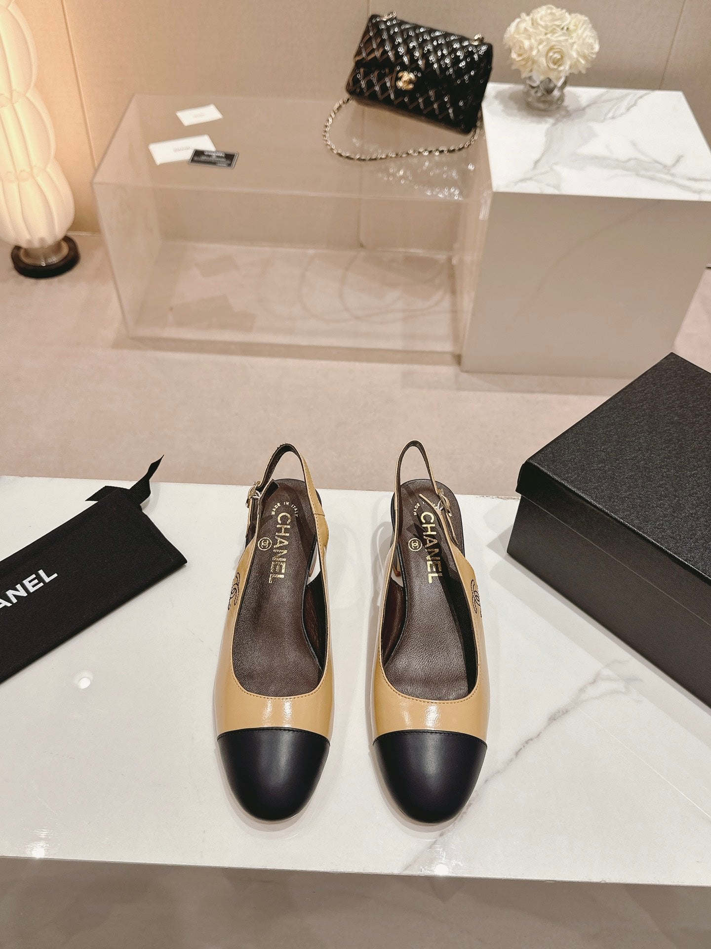 SLINGBACKS PEANUT BROWN MIX BLACK SHEEPSKIN - 35