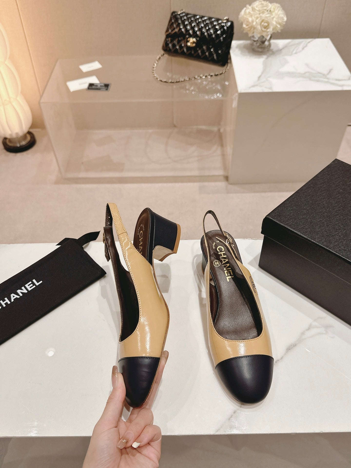 SLINGBACKS PEANUT BROWN MIX BLACK SHEEPSKIN - 35