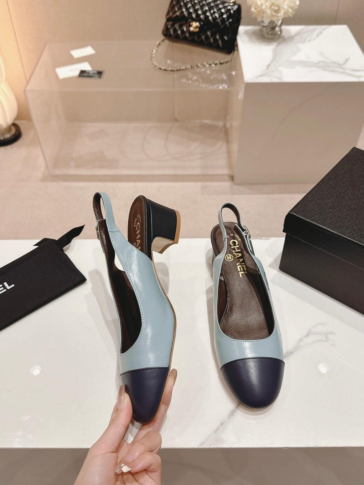 SLINGBACKS LIGHT BLUE MIX BLACK SHEEPSKIN - 35