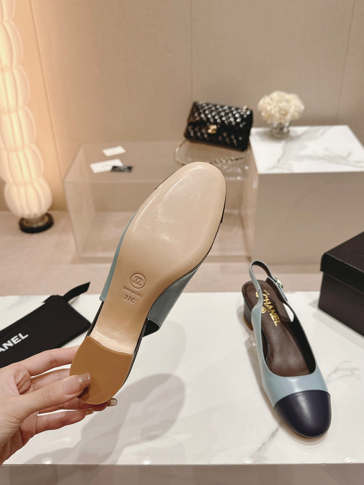 SLINGBACKS LIGHT BLUE MIX BLACK SHEEPSKIN - 35